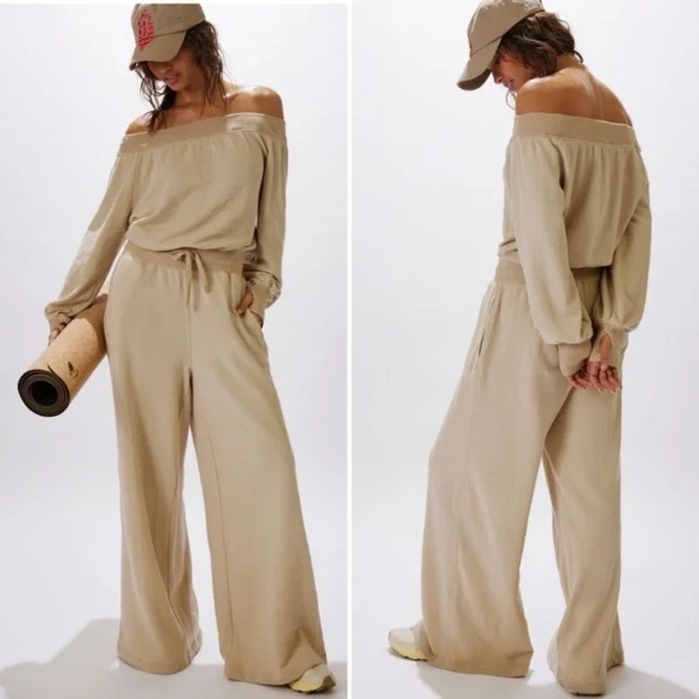 Off-Shoulder Wide-Leg Jumpsuit in Beige